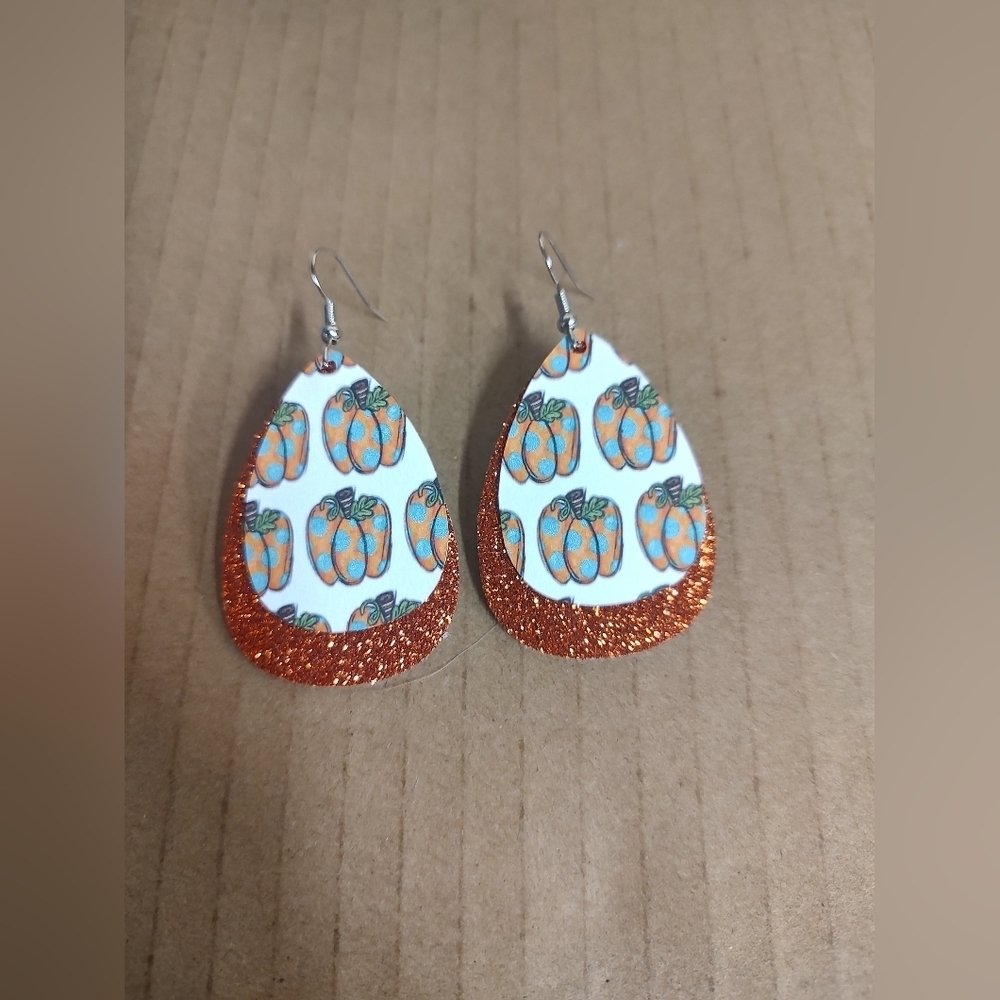 Pumpkin Teardrop Earrings with Glitter Accent